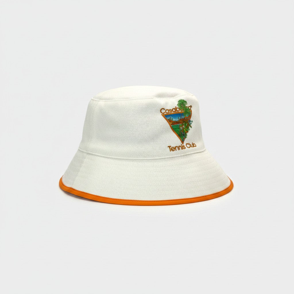 Supplied Fashion white cotton bucket hat with orange brim trim and embroidered Tennis Club graphic logo