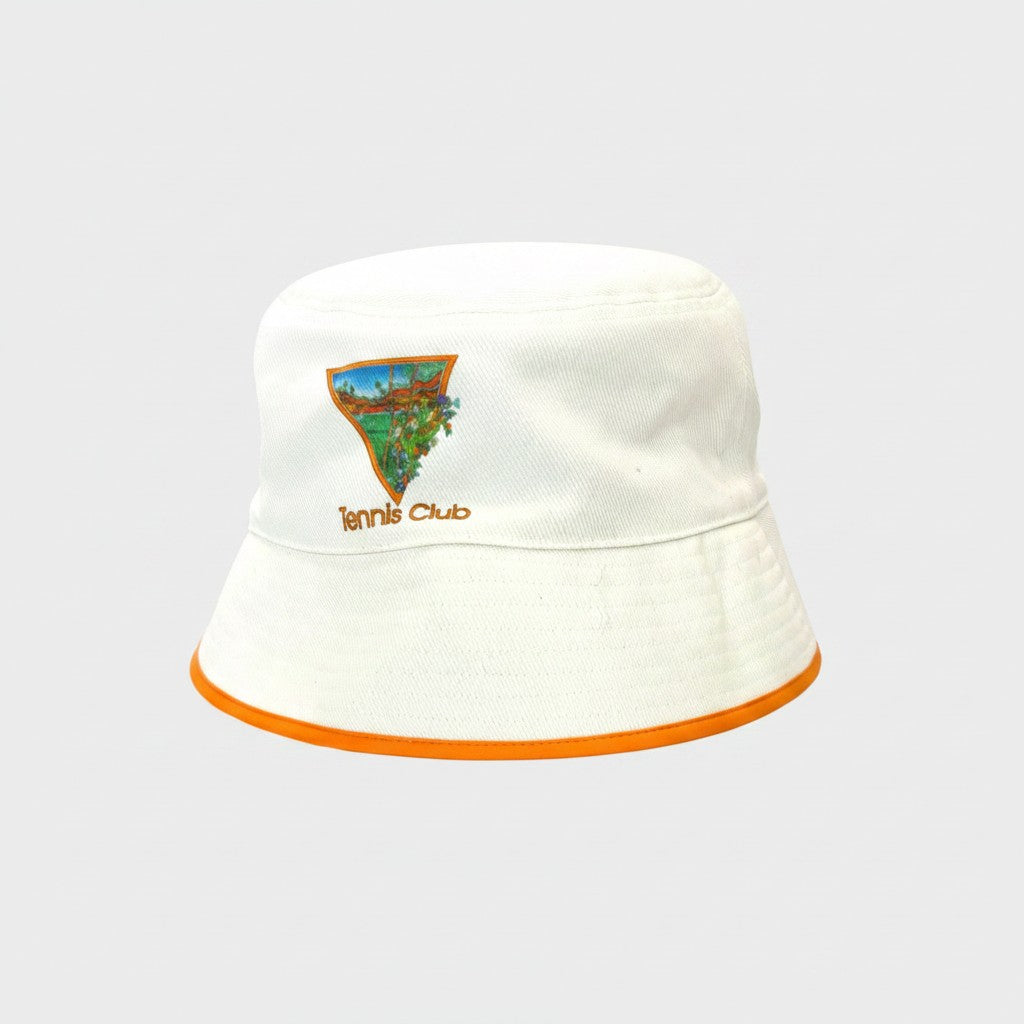 Supplied Fashion white bucket hat with orange trim and a triangular Tennis Club graphic print on the front.