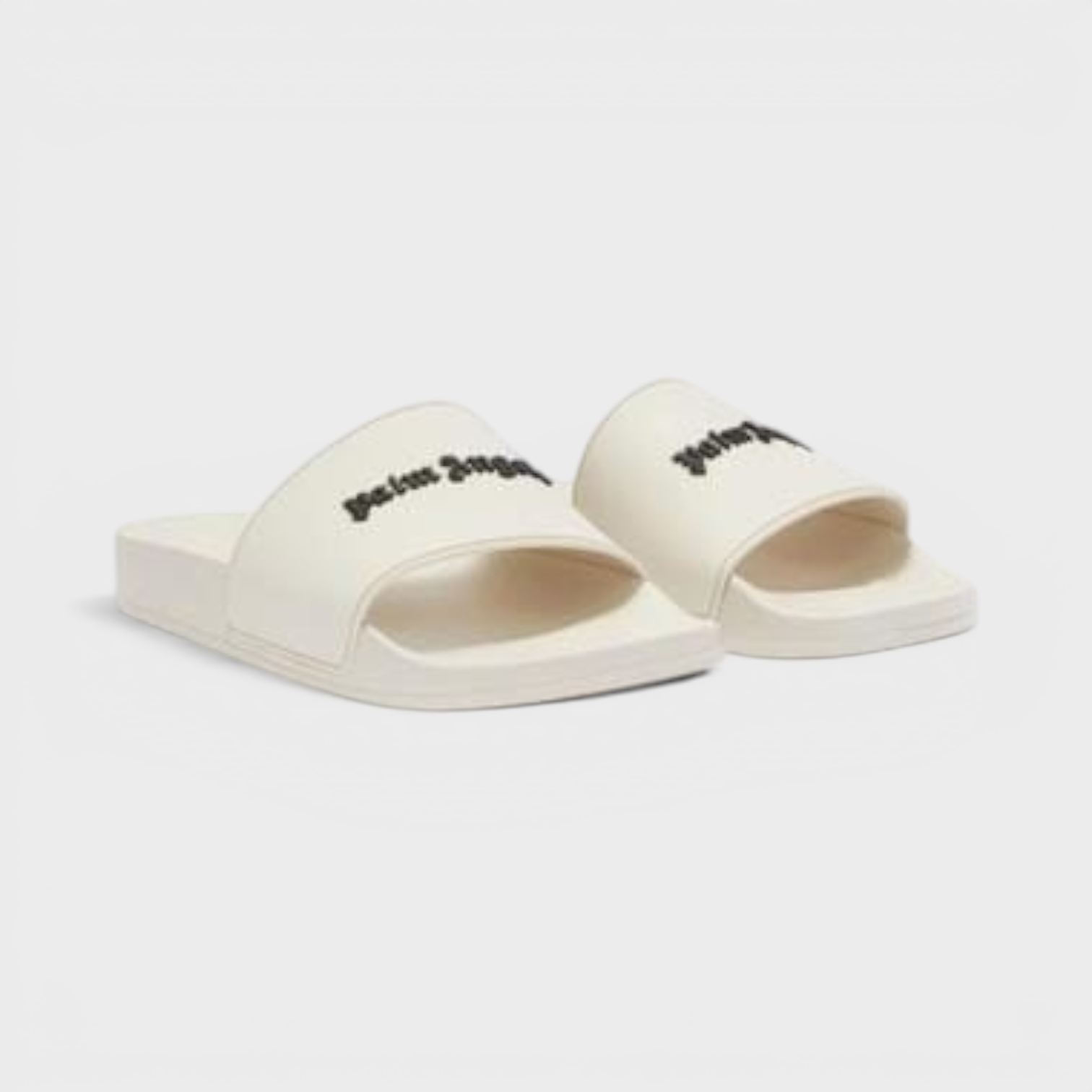 Supplied Fashion white Palm Angels pool sliders with black embroidered logo on the strap and open toe design.