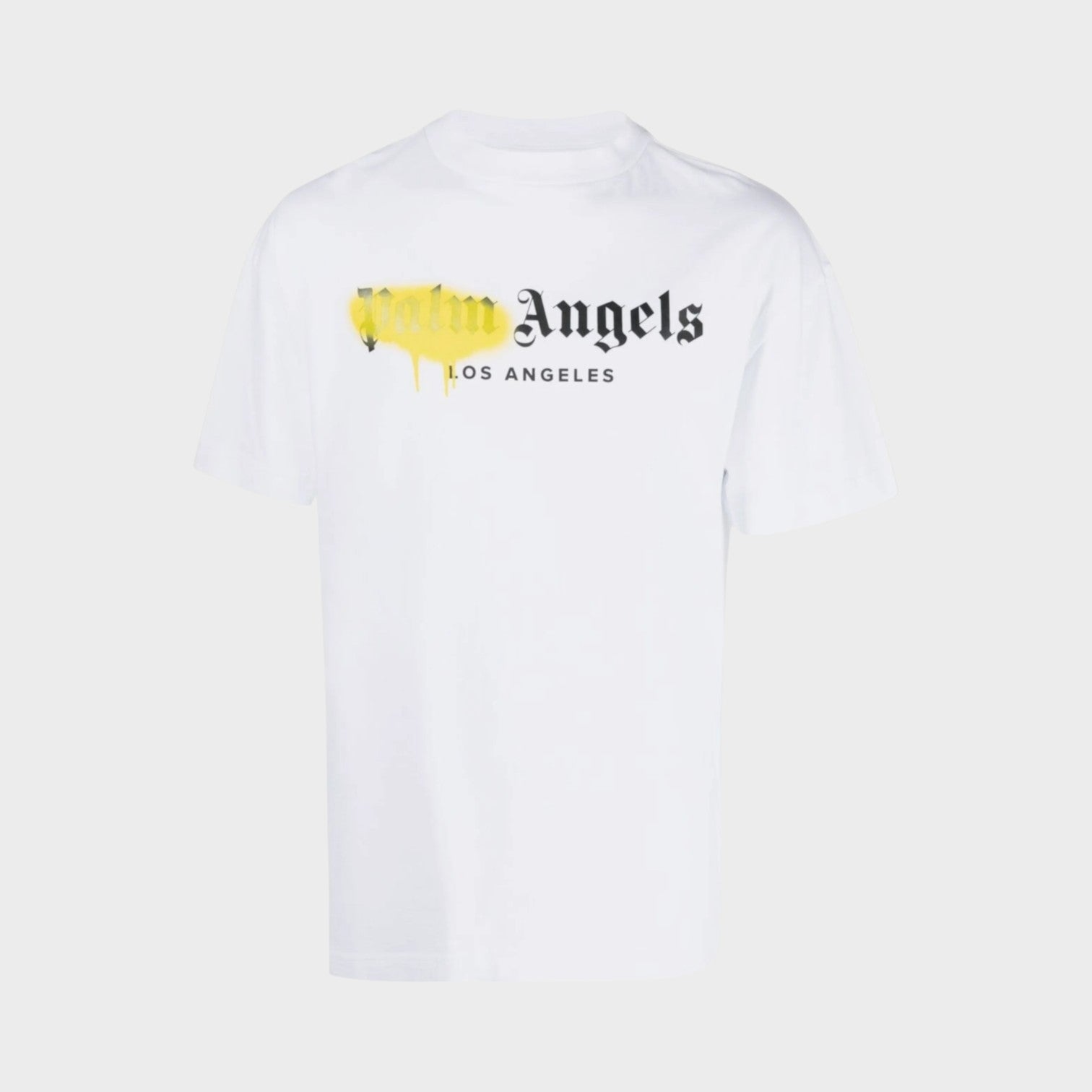 Supplied Fashion white Palm Angels cotton jersey t-shirt with yellow and black LA sprayed logo graphic on chest