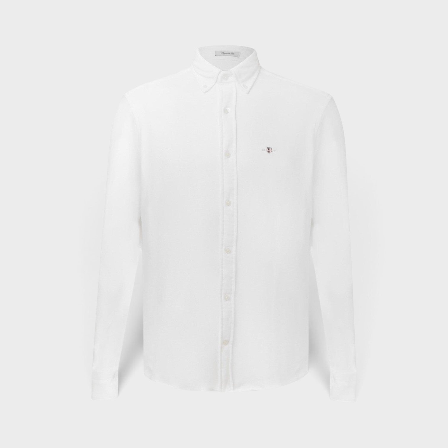 Supplied Fashion white regular fit long sleeve shirt in soft jersey pique fabric with a button-down collar.