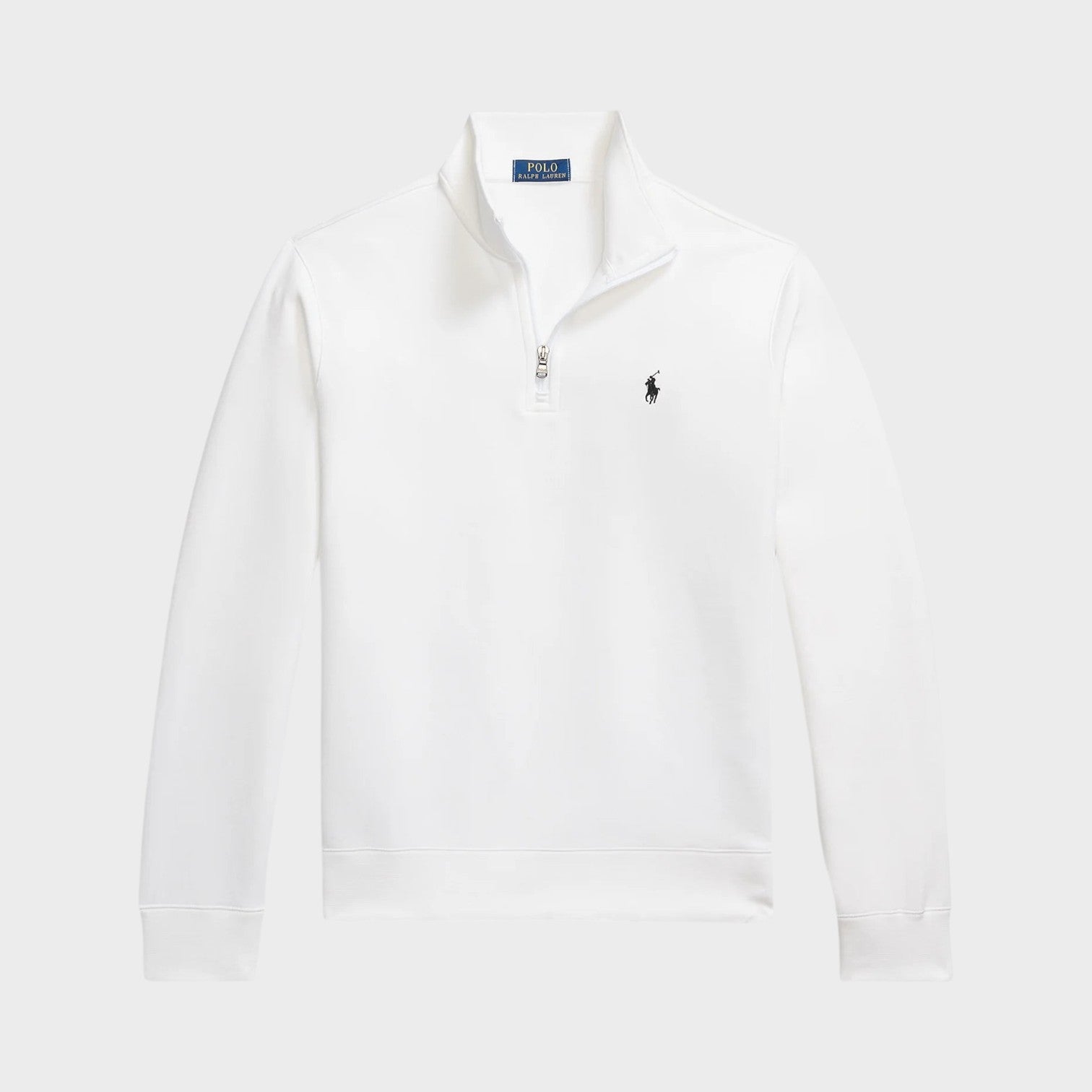 Supplied Fashion white knit quarter-zip pullover with ribbed cuffs and embroidered logo on the chest.