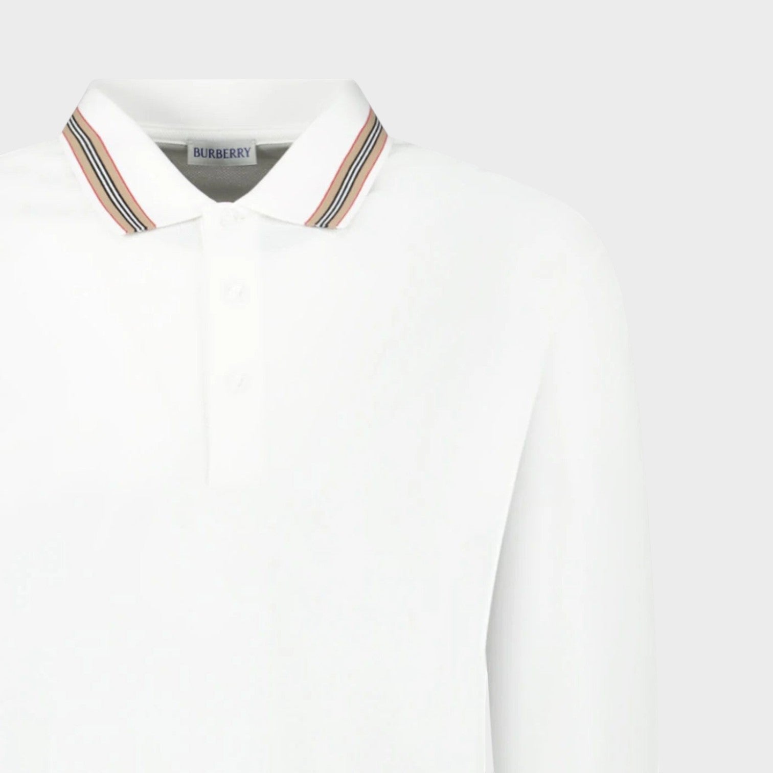 Supplied Fashion white long-sleeve polo shirt with iconic Burberry stripe and check pattern on the collar