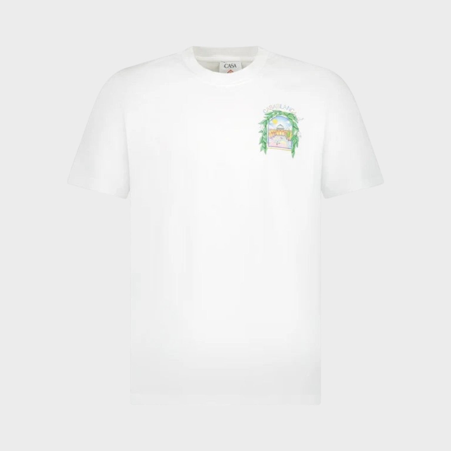 Supplied Fashion white short sleeve t-shirt featuring a small colourful tennis-themed graphic on the chest