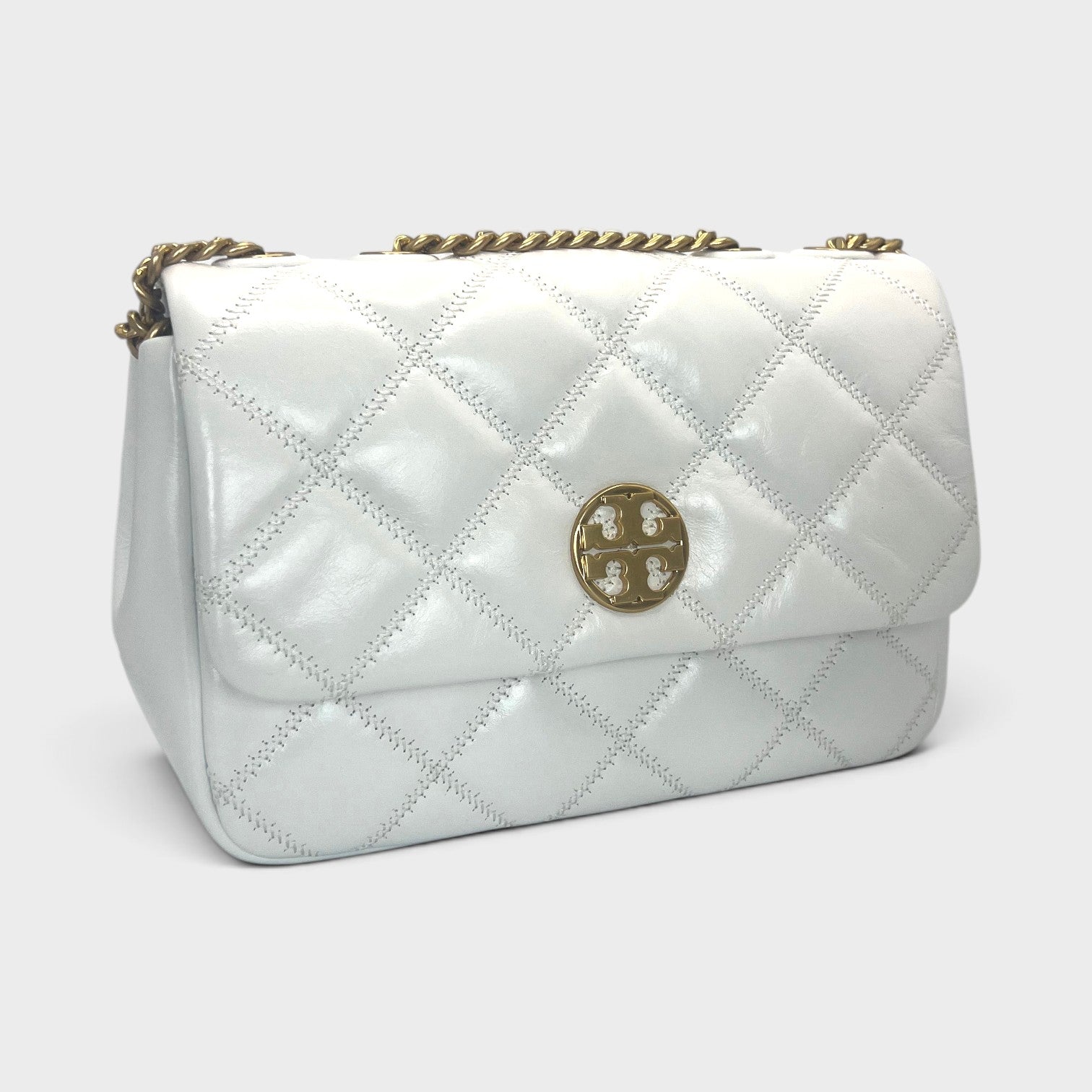 Supplied Fashion Willa glazed white leather shoulder bag with diamond quilting and gold chain strap