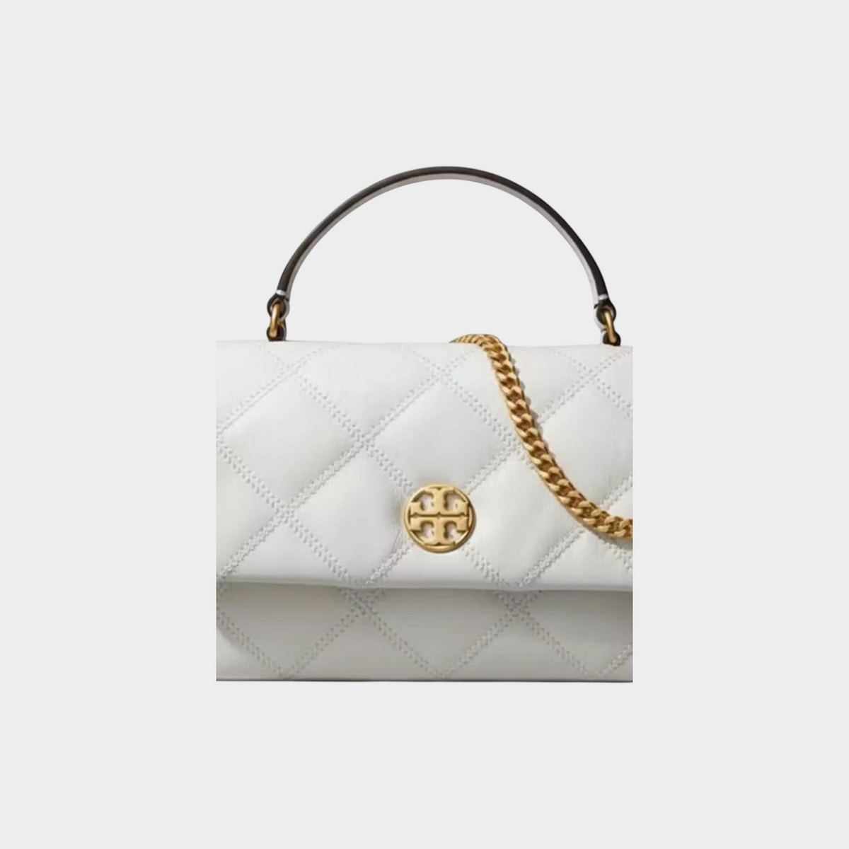 Supplied Fashion Willa white glazed leather mini top handle bag with gold chain strap and quilted diamond pattern.