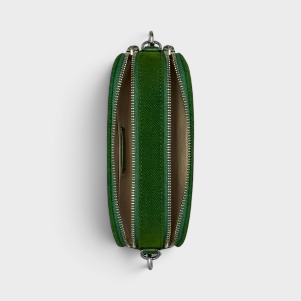 Supplied Fashion emerald green flocked leather mini crossbody bag viewed from the top showing dual zipper compartments