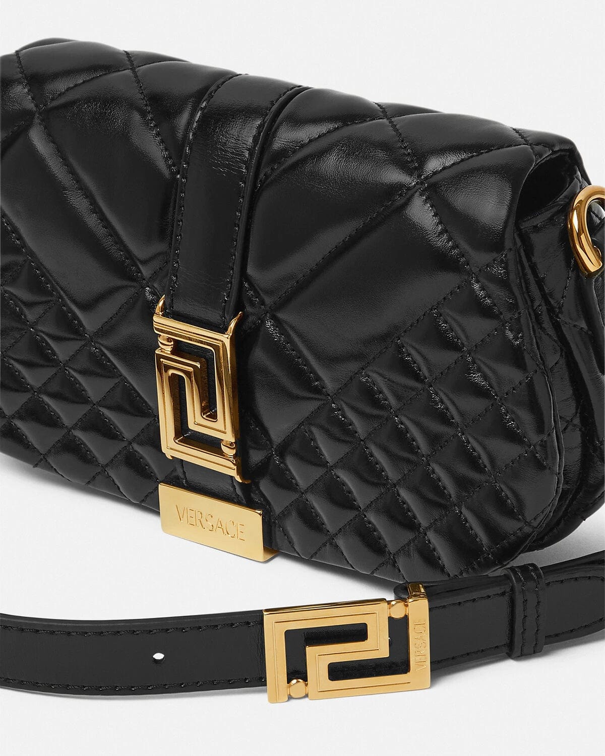 Greca Leather Quilted Shoulder Strap Bag Black